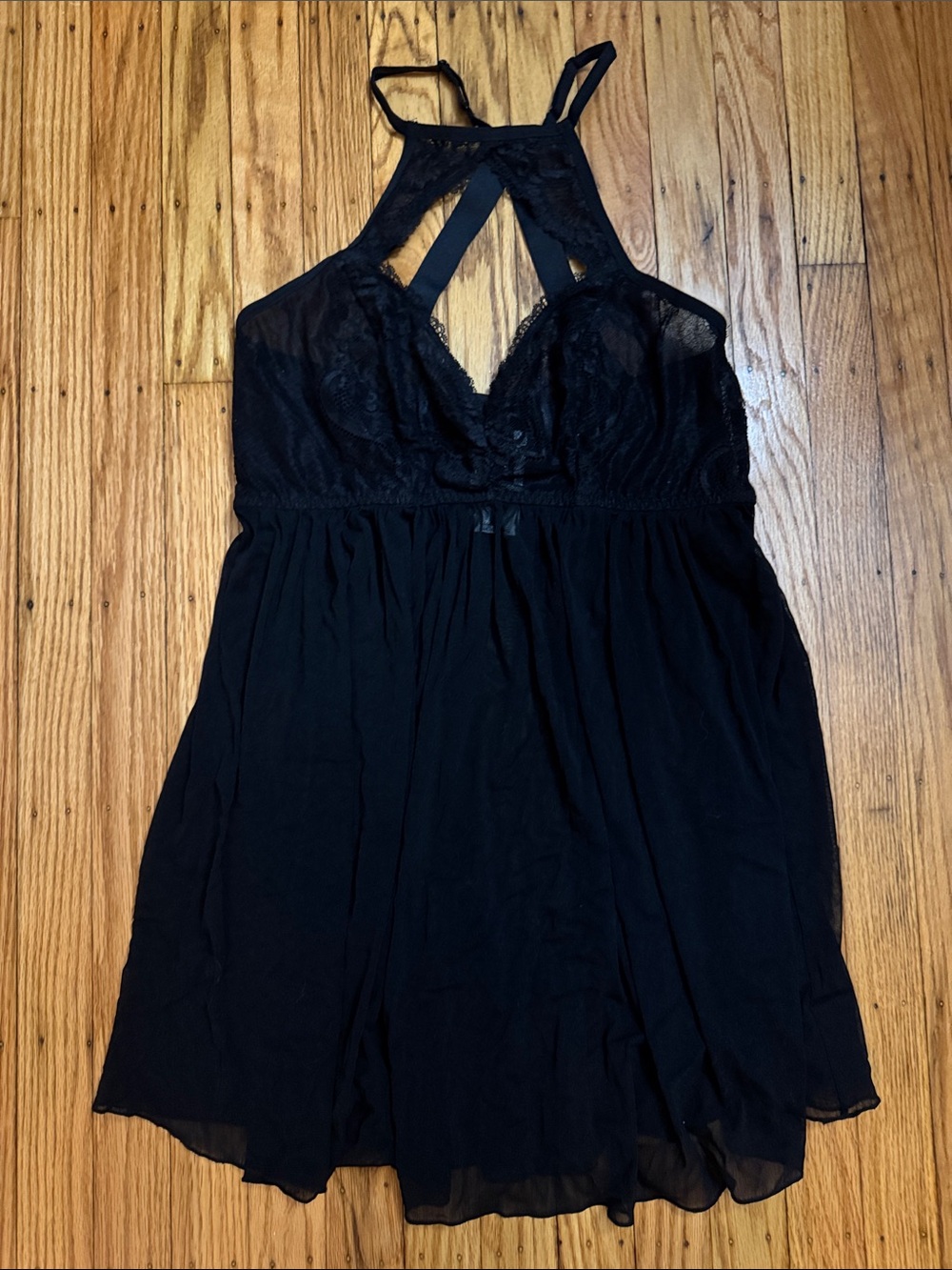 Lace Halter Black Chemise with Sheer Bodice